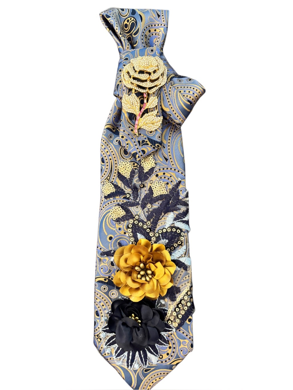 Elegant Blue Paisley Floral Appliqué Tie with Gold & Black Flowers